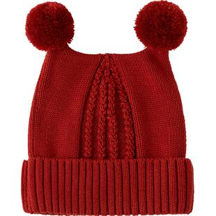 微狮牧尼婴儿针织帽子秋冬季宝宝护耳帽红色儿童防风帽子可爱保暖