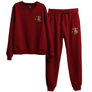 冬装加绒加厚刺绣纯棉运动套装女运动服女装两件套卫衣休闲套装女