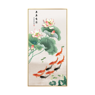 九鱼图玄关装饰画荷花图鲤鱼壁画