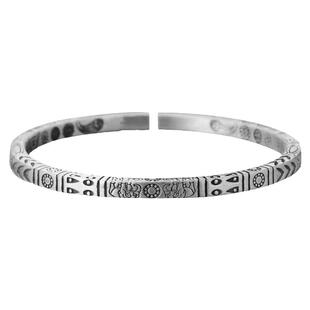 纯银吉祥图腾手镯民族风复古做旧实心男款女款情侣款开口手工手环