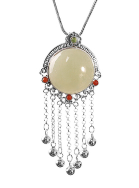 古韵泰银复古项饰s925银饰品女式和田玉流苏吊坠毛衣链小众礼物女