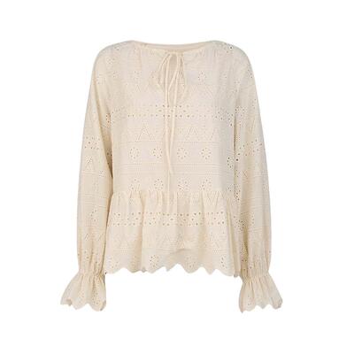 sdeer度假风系带镂空绣花衬衫