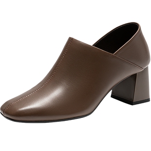 natursun百搭小皮鞋女2026春季新款简约高跟鞋牛皮圆头气质单鞋