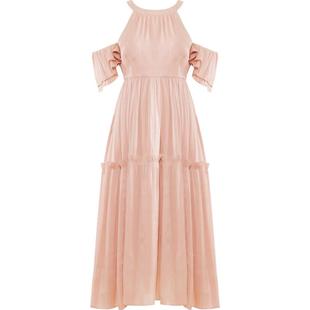 DPLAY夏新款优雅浪漫流光纱灰橘粉双层抽褶荷叶边袖连衣裙