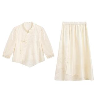 紫涵新中式套装女秋季新款休闲国风设计感刺绣盘扣衬衫下裙两件套