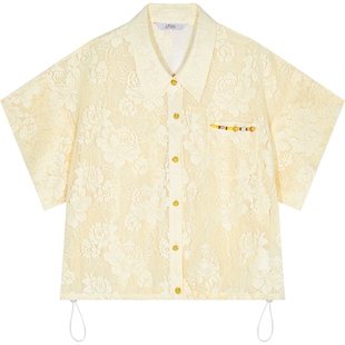 妖精的口袋浅黄蕾丝镂空短袖衬衫女2025年夏季新款轻薄透气上衣