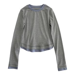 bm风假二件细条纹长袖！秋百搭显身材弹力修身小个子打底衫上衣女