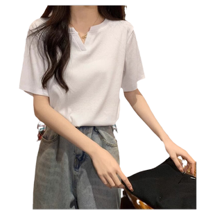 chic复古港味小V领短袖T恤女夏装韩版百搭洋气时髦修身半袖上衣服