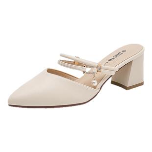 大东法式高跟凉鞋女2026新款尖头半拖鞋优雅外穿粗跟外穿穆勒鞋