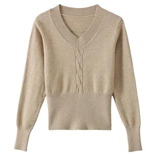 v领短款毛衣女秋冬套头修身 收腰长袖小个子上衣针织衫内搭打底衫