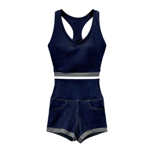 仿牛仔瑜伽服背心短裤套装女2025新款夏天跑步运动健身训练服上衣
