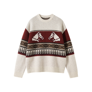 CROWNLESS未冕25秋冬新品纯羊毛纱VTG白马芝麻点提花粗针圆领毛衣