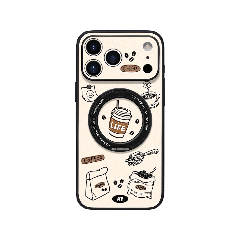 ANGYING × 咖啡线条适用iPhone17Promax手机壳新款ip15磁吸带支架苹果16Pro保护套支点14创意13pm全包Ho5