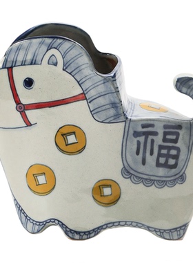 马上有钱复古陶瓷小花瓶可爱办公室桌面摆件手绘马年中古风装饰品