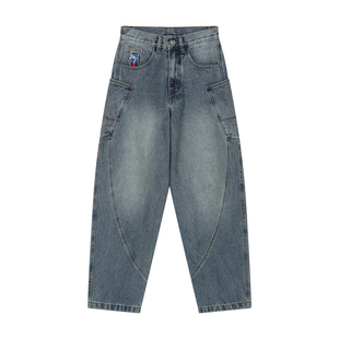 MindError 复古拼接弯刀牛仔裤男25新款小象刺绣宽松休闲阔腿长裤