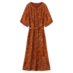 萧娘【醉西楼】红云纱连衣裙新中式女夏季V领女裙桑蚕丝长裙5265