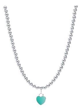 圆珠项链珐琅爱心蓝色纯银锁骨链