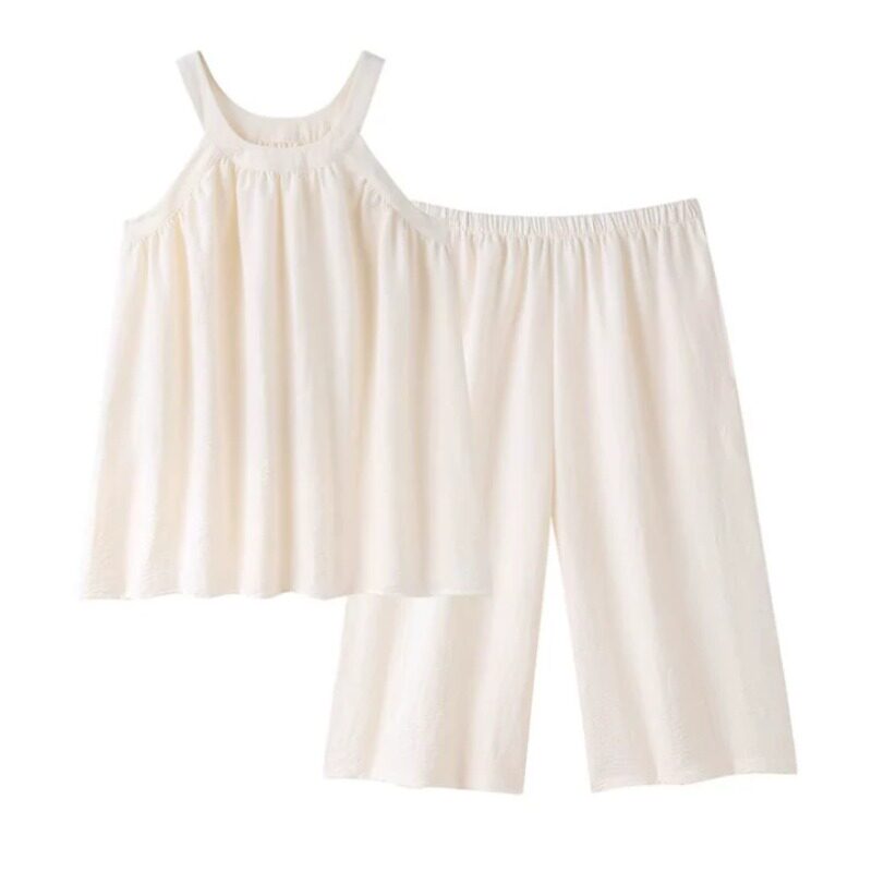 HEARMES 睡衣女夏季云朵棉吊带背心七分裤套装薄款纯色休闲家居服