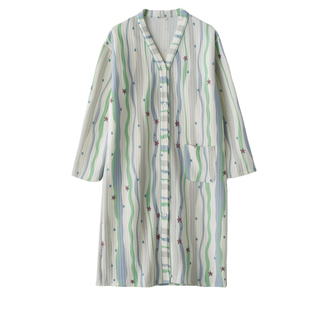 多巴胺蓝条纹睡袍女秋冬季加厚纯棉空气层三层保暖长袖家居服睡裙