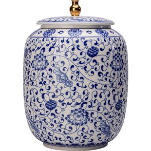 青花瓷茶叶罐将军罐超大号复古密封罐缠枝莲陶瓷储茶罐茶仓