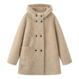 画风drawwind2025冬季新款双排扣保暖外套女皮毛一体连帽毛绒外套