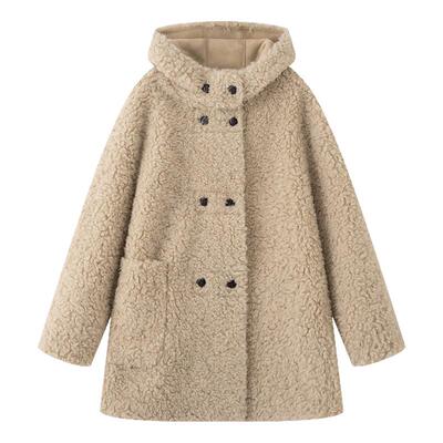 画风drawwind双排扣连帽毛绒外套