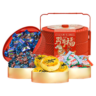 马上有福糖果礼盒二层提篮酥心糖什锦糖糕点混合零食春节送礼年货