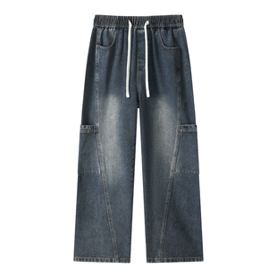 STA美式复古水洗牛仔裤男宽松抽绳阔腿长裤多口袋潮牌高街工装裤