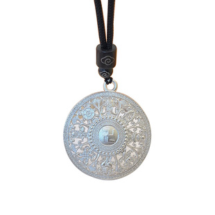 足银999.9八宝罗盘项链纯银女祥云黑绳吊坠古法镂空挂坠时尚礼品