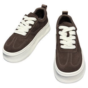 轻质厚底板鞋男休闲百搭系带歪头2026春季新款低帮牛皮增高男鞋子