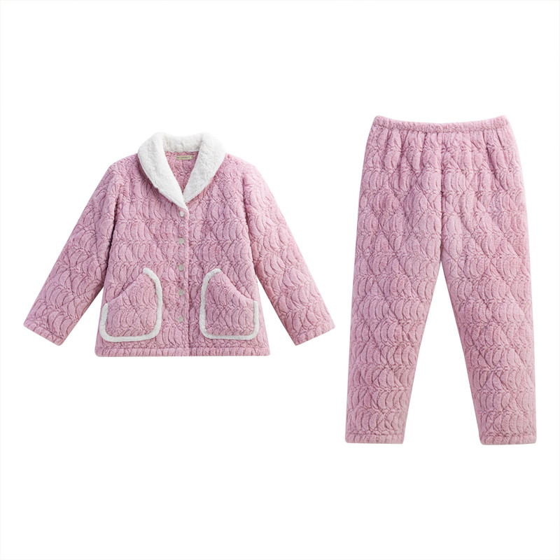 秋鹿女三层夹棉加厚珊瑚绒家居服