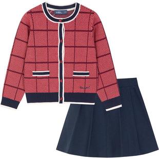 水孩儿童装两件套裙子上衣女童套装学院风针织套裙女孩短裙新年红