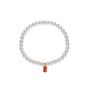 京润珍珠 招财18K金天然淡水珍珠4-5mm极光珠近圆形白色百搭手链D