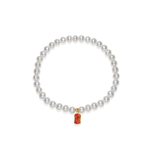 京润珍珠 招财18K金天然淡水珍珠4-5mm极光珠近圆形白色百搭手链D