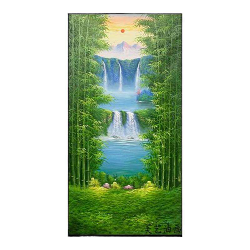 聚宝盆手绘油画玄关过道客厅书房挂画竖幅山水画风景画风水画竹林