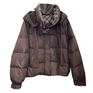 针织帽子可拆卸羽绒服女2025冬季新款时尚百搭格子撞色白鸭绒外套