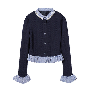 VIEA.ING薇迎商场同款假两件针织衫女2026春季新款毛衣藏蓝色上衣