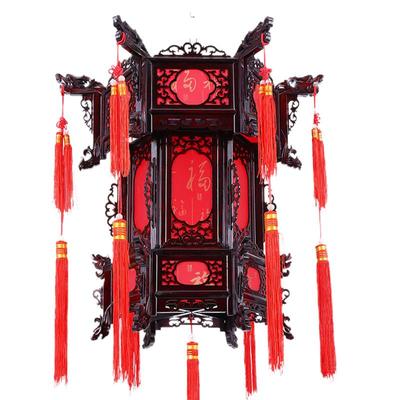 中式六角大红羊皮仿古典实木宫灯