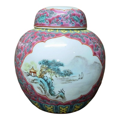 手绘粉彩山水纹5英寸宝珠坛