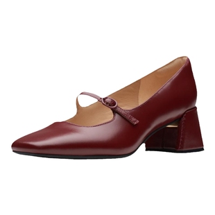 Clarks其乐妮嗒女鞋秋冬优雅高跟红色玛丽珍鞋羊皮粗跟单鞋女婚鞋