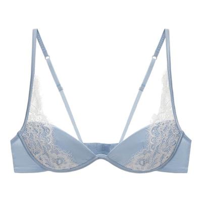 蓝色真丝拼接法式蕾丝连钢圈内衣