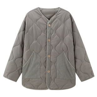 德玛纳拼接灯芯绒葫芦绗线棉衣女25冬季新款简约中长保暖棉服外套