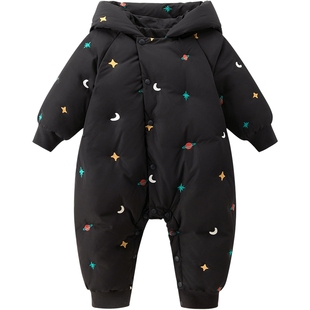 婴幼儿三防羽绒服连体哈衣冬季宝宝加厚保暖鸭绒连帽外出爬服黑色