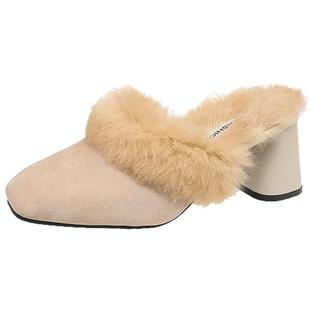 粗跟增高舒适毛毛拖鞋女2026春秋新款保暖高跟鞋包头拖加绒穆勒鞋