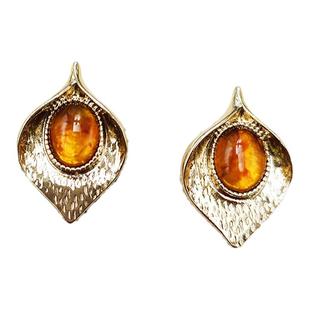 中古vintage耳饰古董宫廷百搭耳环黄色宝石树叶造型耳钉C051