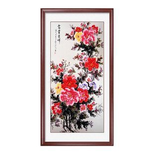 新中式玄关装饰画牡丹花挂画入户正对门壁画客厅花开富贵国画手绘