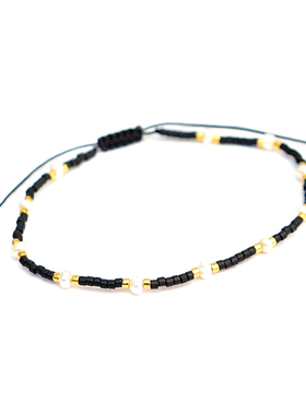 vikiko黑色琉璃珠扁形珍珠小手链