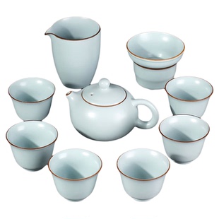 功夫泡茶专用茶具套装家用中式天青色陶瓷茶壶茶杯会客盖碗喝茶器