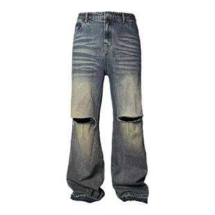 JCAESAR 23SSDESTORY DENIMS 做旧刀割阔腿微喇牛仔裤 双色重水洗