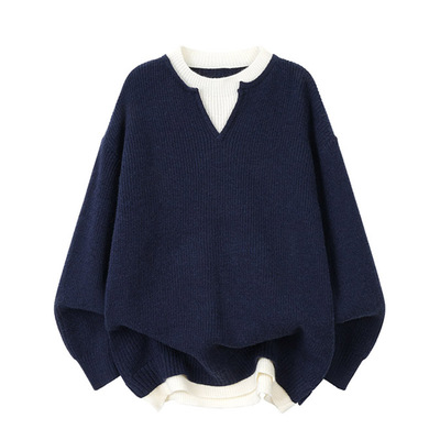 黑色假两件V领长袖毛衣男款冬季高级感正肩内搭长袖针织衫毛线衣